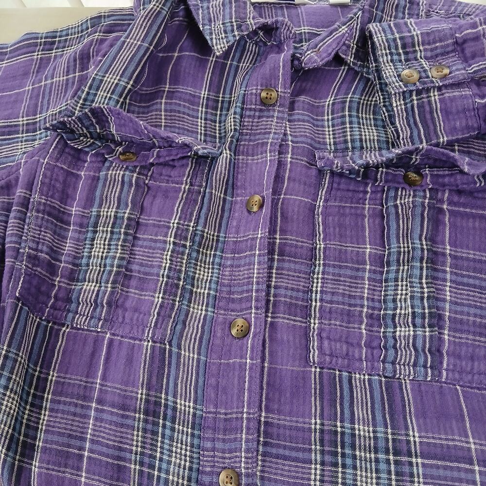 GNW Indigo Purple Plaid Double Layer Cotton Blouse M soft roll tab sleeves - Picture 6 of 12